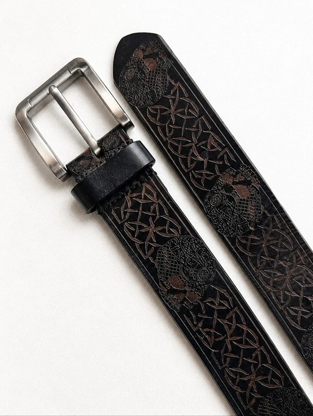 Men’s Brown Leather Belt Embossed Skulls Celtic Knot Size 36